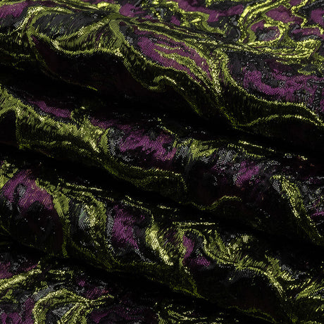 Metallic Lime, Black and Aubergine Smoky Swirls Luxury Brocade