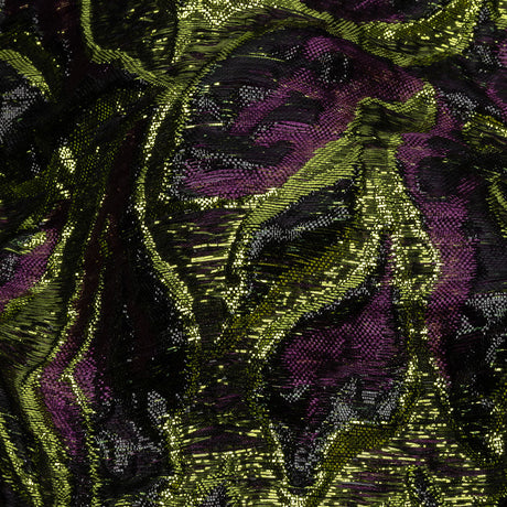 Metallic Lime, Black and Aubergine Smoky Swirls Luxury Brocade