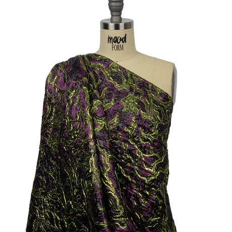 Metallic Lime, Black and Aubergine Smoky Swirls Luxury Brocade