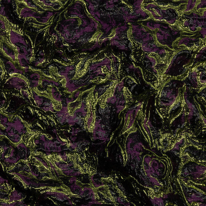 Metallic Lime, Black and Aubergine Smoky Swirls Luxury Brocade