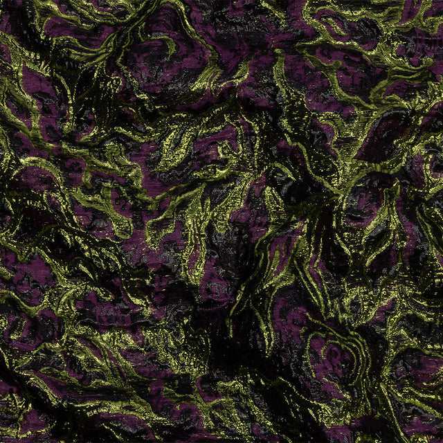 Metallic Lime, Black and Aubergine Smoky Swirls Luxury Brocade