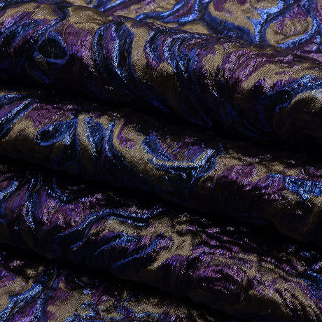 Metallic Royal Blue, Aubergine and Dark Gold Smoky Swirls Luxury Brocade