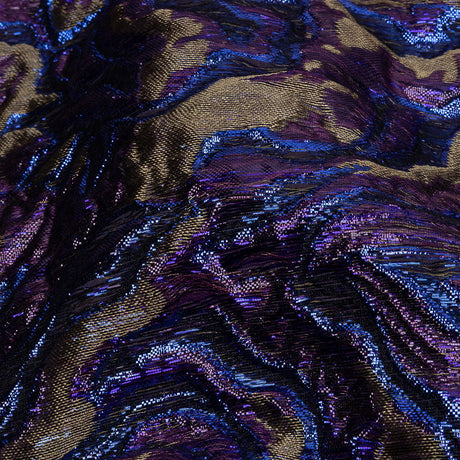 Metallic Royal Blue, Aubergine and Dark Gold Smoky Swirls Luxury Brocade