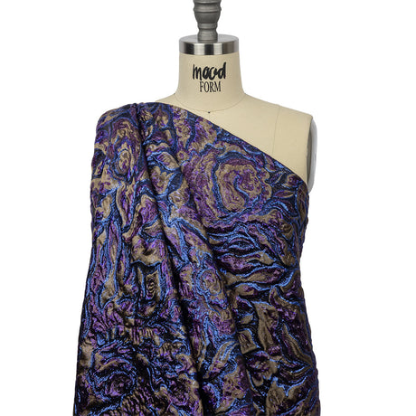 Metallic Royal Blue, Aubergine and Dark Gold Smoky Swirls Luxury Brocade