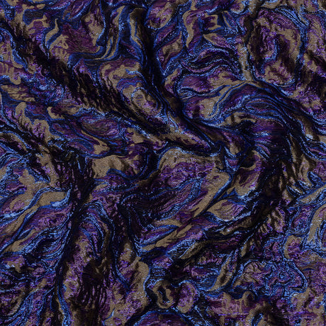 Metallic Royal Blue, Aubergine and Dark Gold Smoky Swirls Luxury Brocade