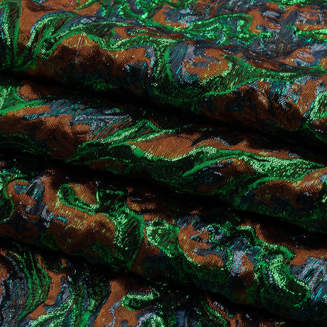 Metallic Green, Navy and Pumpkin Smoky Swirls Luxury Brocade