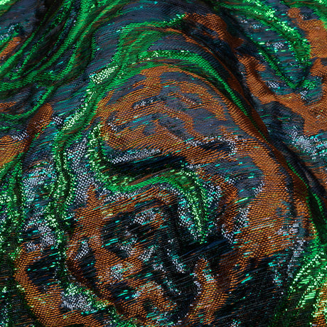 Metallic Green, Navy and Pumpkin Smoky Swirls Luxury Brocade