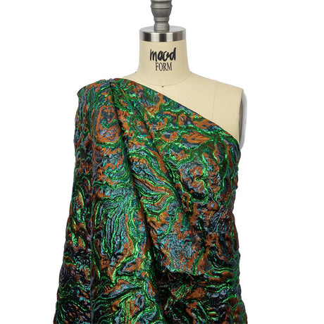 Metallic Green, Navy and Pumpkin Smoky Swirls Luxury Brocade