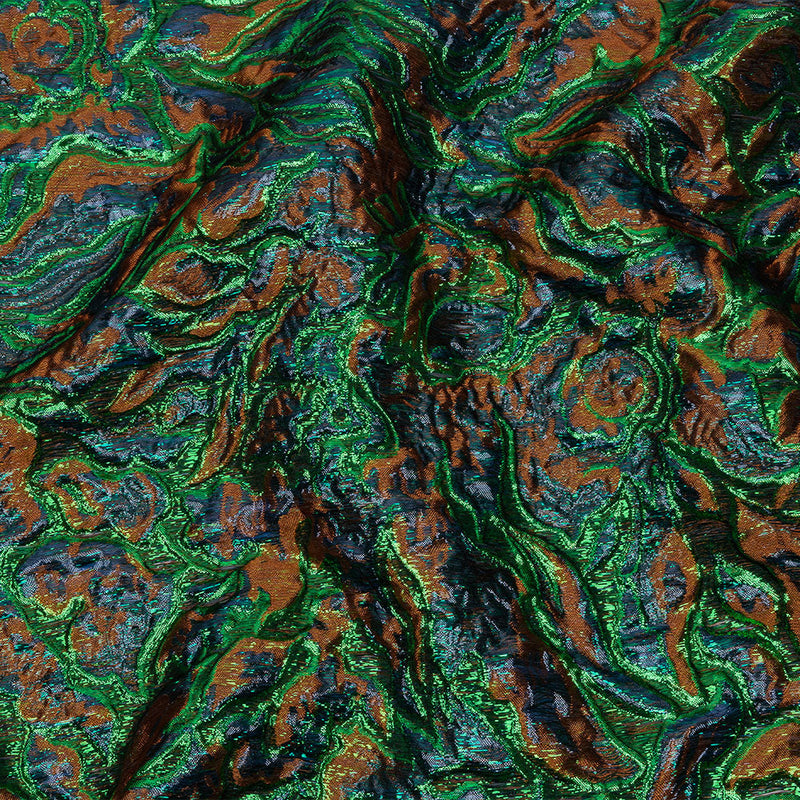Metallic Green, Navy and Pumpkin Smoky Swirls Luxury Brocade