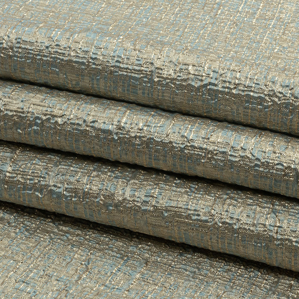 Metallic Gold, Pale Blue and Beige Crosshatched Lines Luxury Brocade