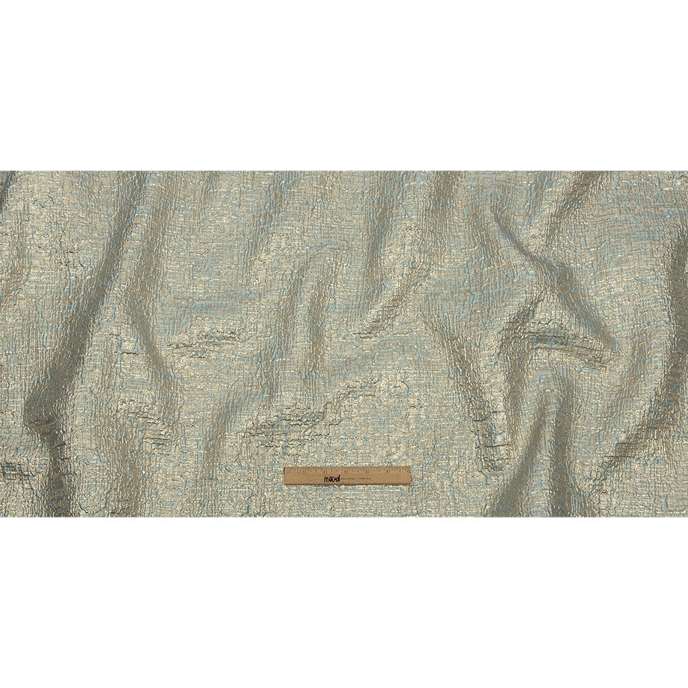 Metallic Gold, Pale Blue and Beige Crosshatched Lines Luxury Brocade