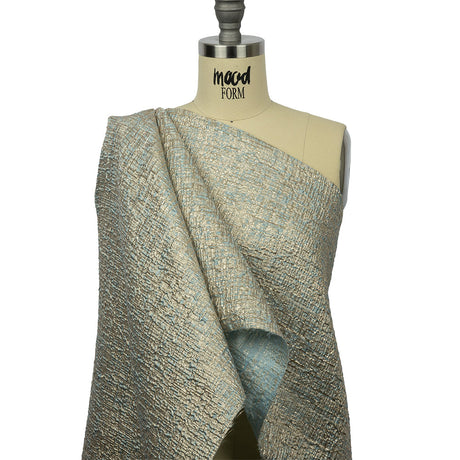 Metallic Gold, Pale Blue and Beige Crosshatched Lines Luxury Brocade