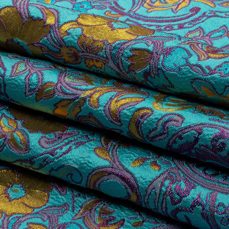 Turquoise, Magenta and Golden Yellow Floral Damask Metallic Luxury Brocade