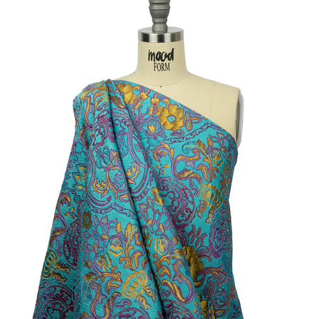 Turquoise, Magenta and Golden Yellow Floral Damask Metallic Luxury Brocade