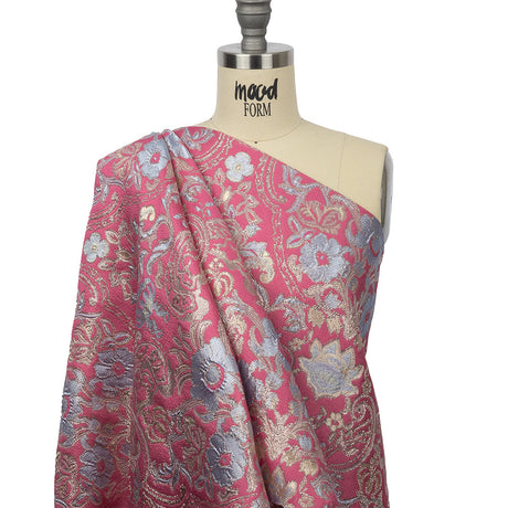 Pink, Pale Blue and Silver Floral Damask Metallic Luxury Brocade