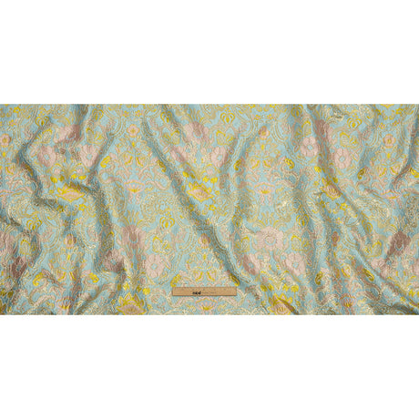 Baby Blue, Light Pink and Yellow Floral Damask Metallic Luxury Brocade