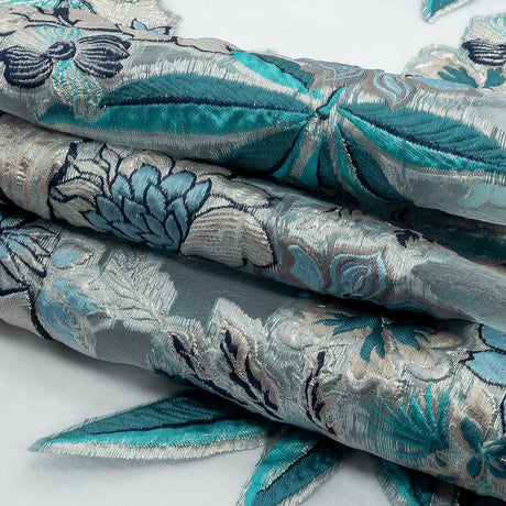 Metallic Silver, Blue and Beige Floral Luxury Burnout Brocade