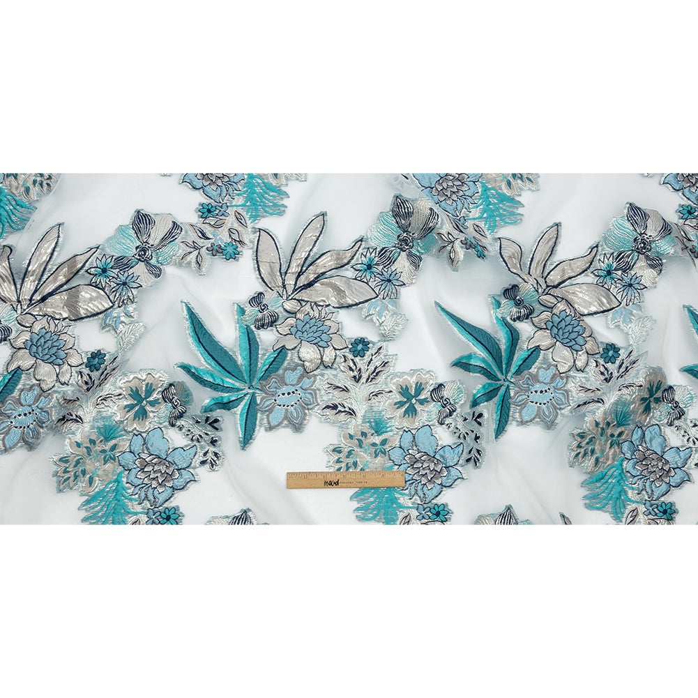 Metallic Silver, Blue and Beige Floral Luxury Burnout Brocade
