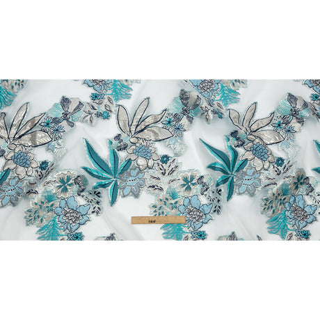 Metallic Silver, Blue and Beige Floral Luxury Burnout Brocade