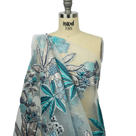 Metallic Silver, Blue and Beige Floral Luxury Burnout Brocade