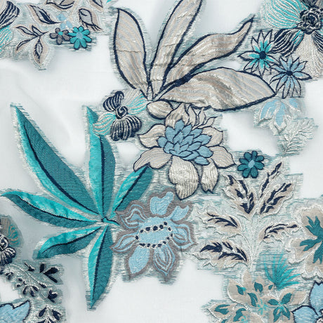 Metallic Silver, Blue and Beige Floral Luxury Burnout Brocade