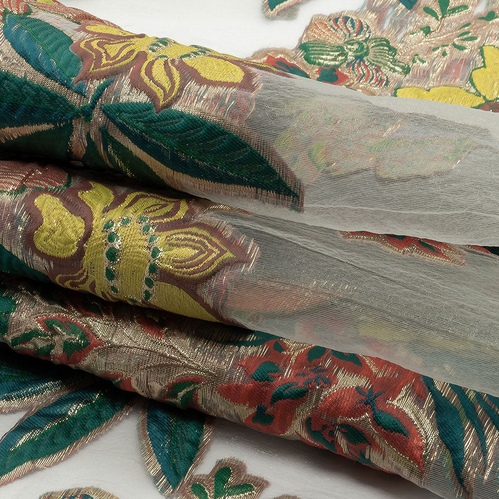 Metallic Forest, Coral and Lemon Floral Luxury Burnout Brocade