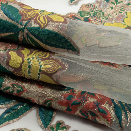 Metallic Forest, Coral and Lemon Floral Luxury Burnout Brocade