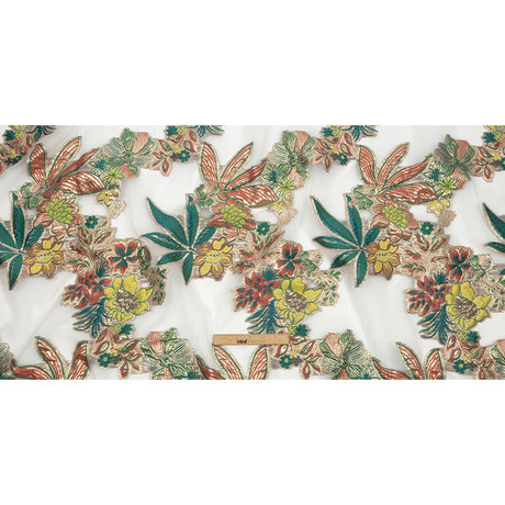 Metallic Forest, Coral and Lemon Floral Luxury Burnout Brocade