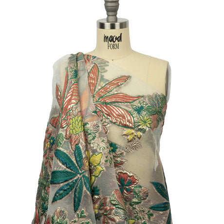 Metallic Forest, Coral and Lemon Floral Luxury Burnout Brocade