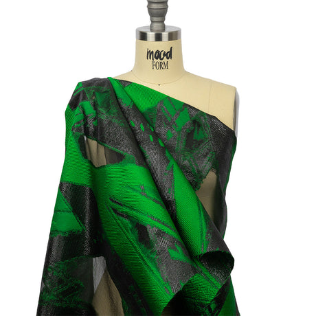Metallic Black and Green Painterly Geometrics Luxury Burnout Brocade