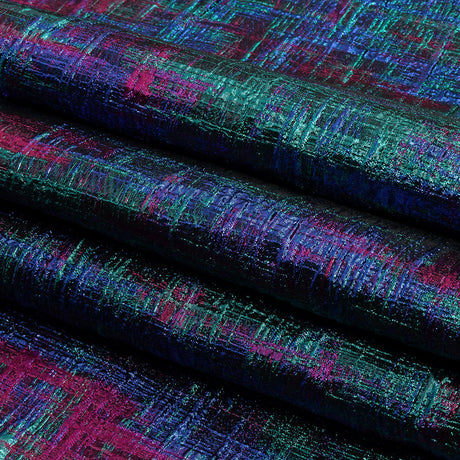 Metallic Teal, Royal and Magenta Distressed Plaid Luxury Brocade