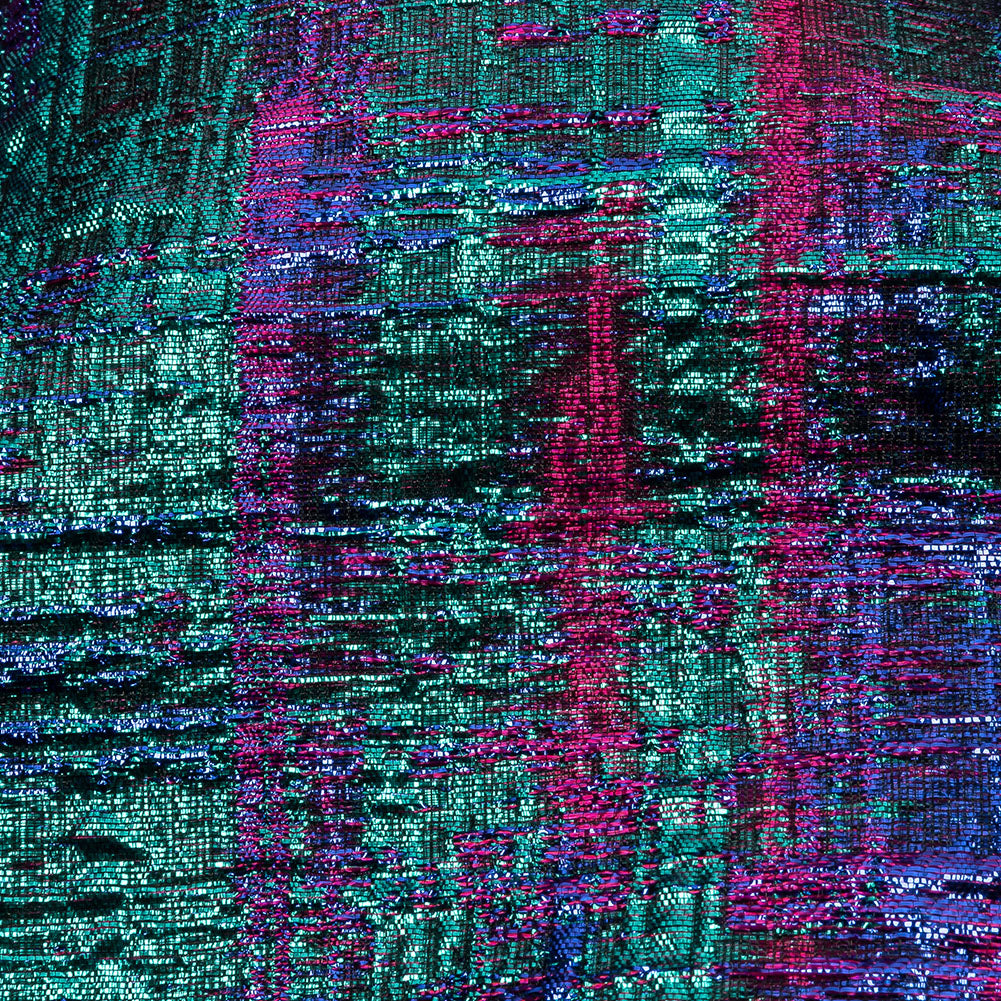 Metallic Teal, Royal and Magenta Distressed Plaid Luxury Brocade