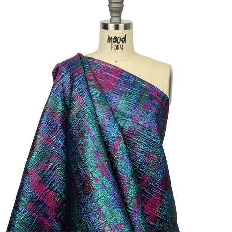 Metallic Teal, Royal and Magenta Distressed Plaid Luxury Brocade