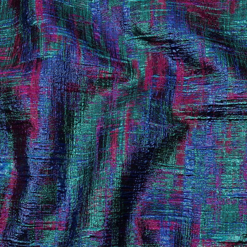 Metallic Teal, Royal and Magenta Distressed Plaid Luxury Brocade