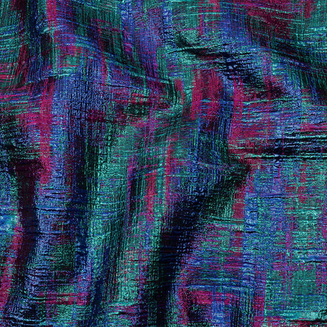 Metallic Teal, Royal and Magenta Distressed Plaid Luxury Brocade