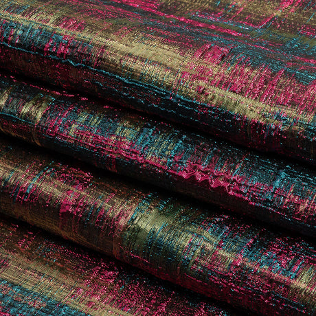 Metallic Magenta, Forest and Olive Distressed Plaid Luxury Brocade
