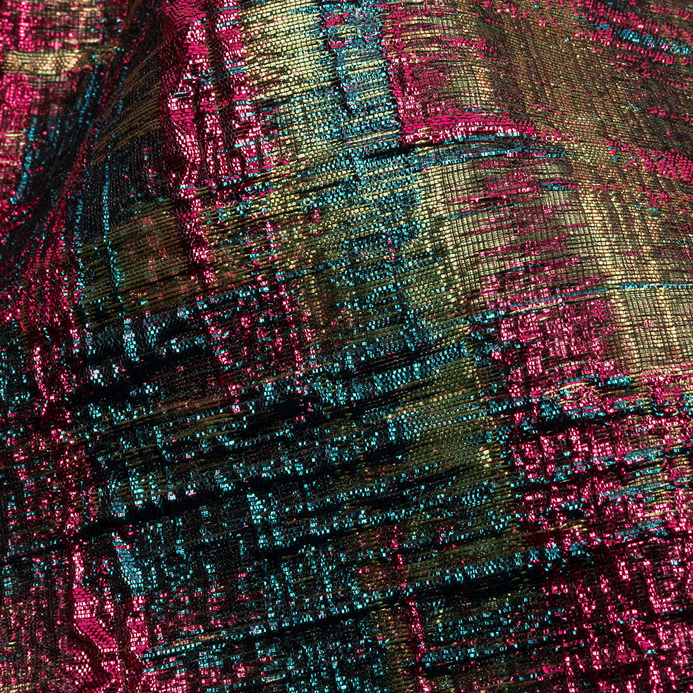 Metallic Magenta, Forest and Olive Distressed Plaid Luxury Brocade