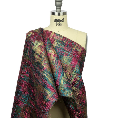 Metallic Magenta, Forest and Olive Distressed Plaid Luxury Brocade
