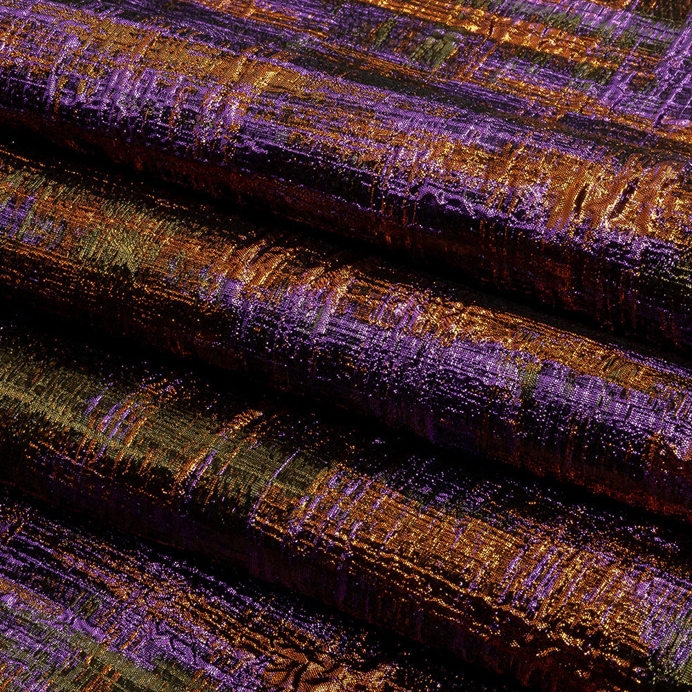 Metallic Olive, Purple and Pumpkin Distressed Plaid Luxury Brocade
