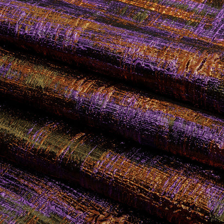 Metallic Olive, Purple and Pumpkin Distressed Plaid Luxury Brocade
