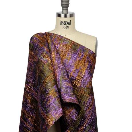 Metallic Olive, Purple and Pumpkin Distressed Plaid Luxury Brocade