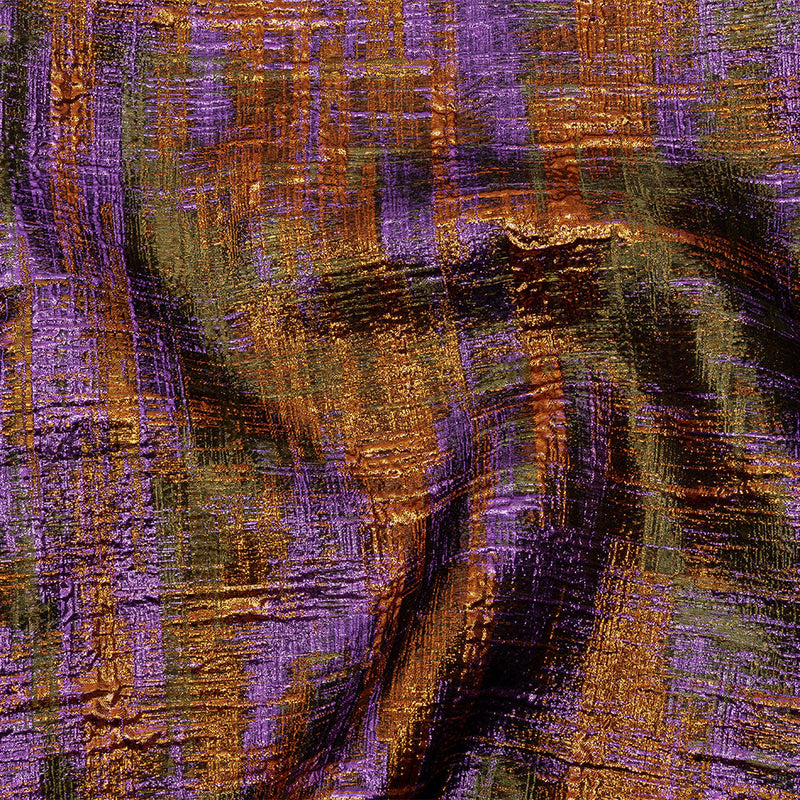 Metallic Olive, Purple and Pumpkin Distressed Plaid Luxury Brocade