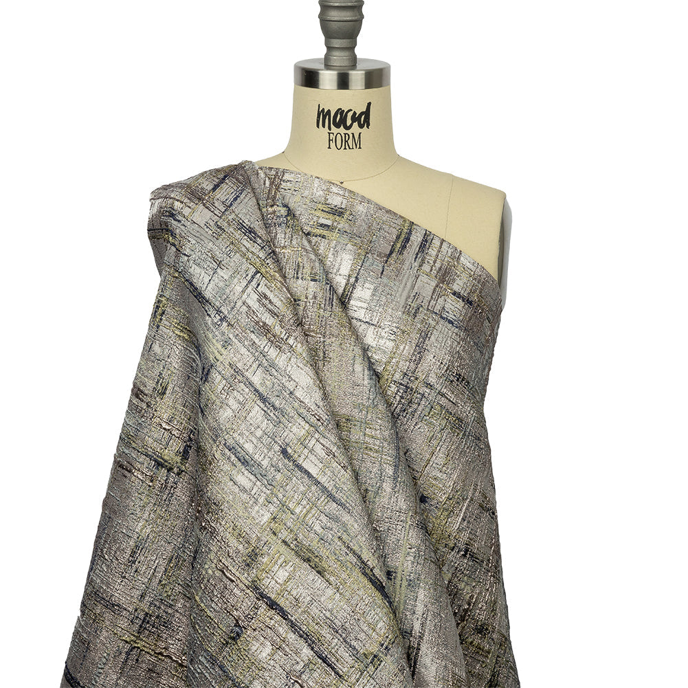 Metallic Rose Gold, Navy and Olive Crosshatching Luxury Brocade