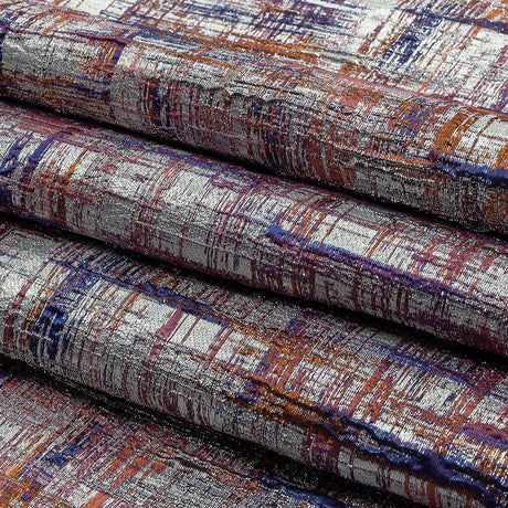 Metallic Silver, Orange and Navy Crosshatching Luxury Brocade