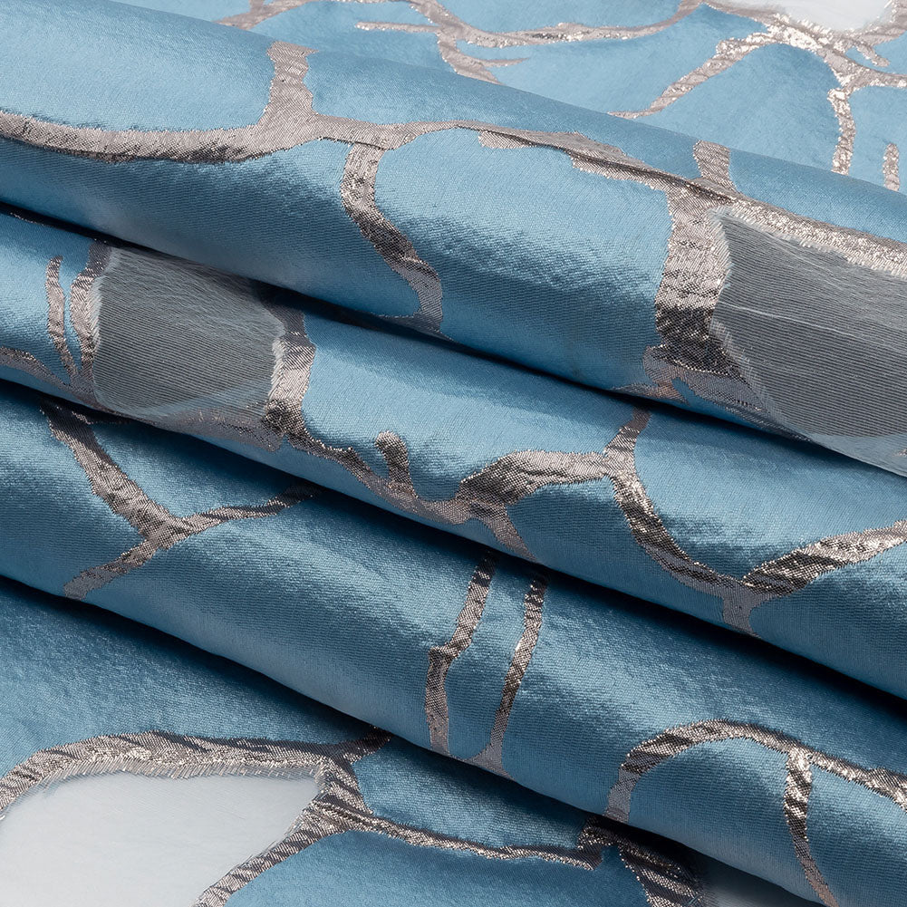 Metallic Silver and Sky Abstract Luxury Burnout Brocade