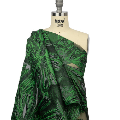 Metallic Black and Green Firework Flowers Luxury Burnout Brocade