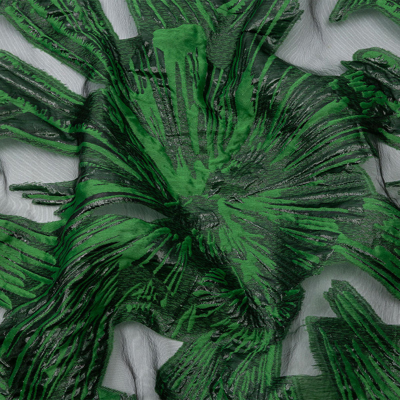 Metallic Black and Green Firework Flowers Luxury Burnout Brocade