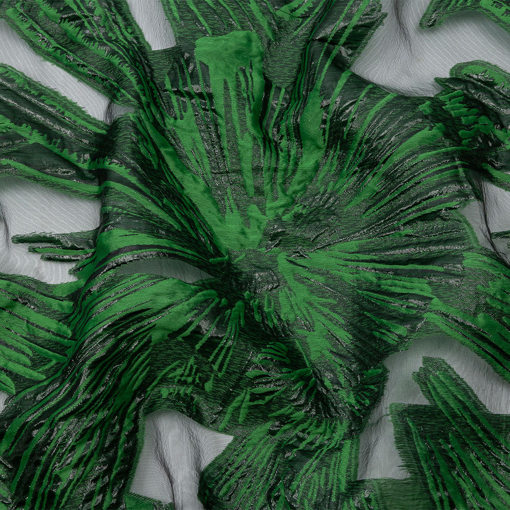 Metallic Black and Green Firework Flowers Luxury Burnout Brocade