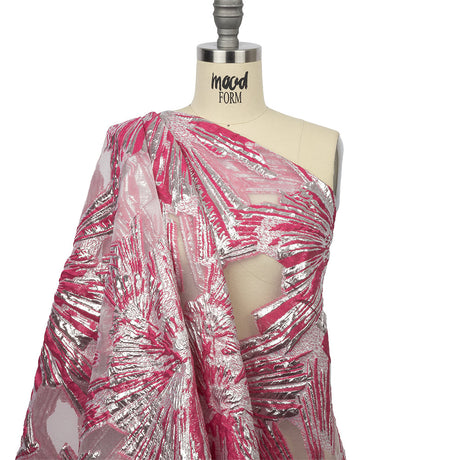 Metallic Silver and Hot Pink Firework Flowers Luxury Burnout Brocade