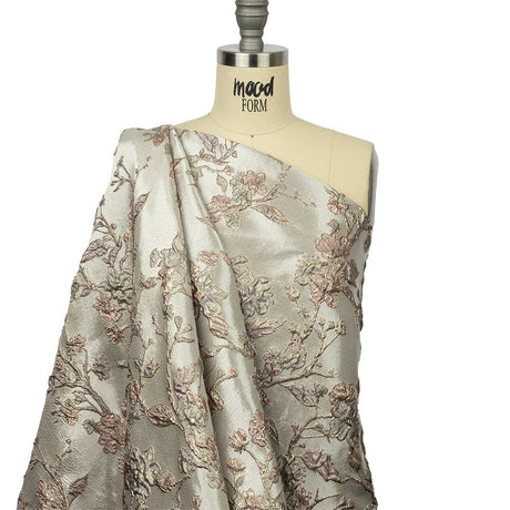 Metallic Gray, Gold and Bubblegum Pink Flowering Vines Luxury Brocade